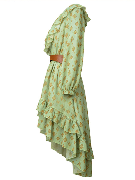 Printed V-Neck Ruffle Dress