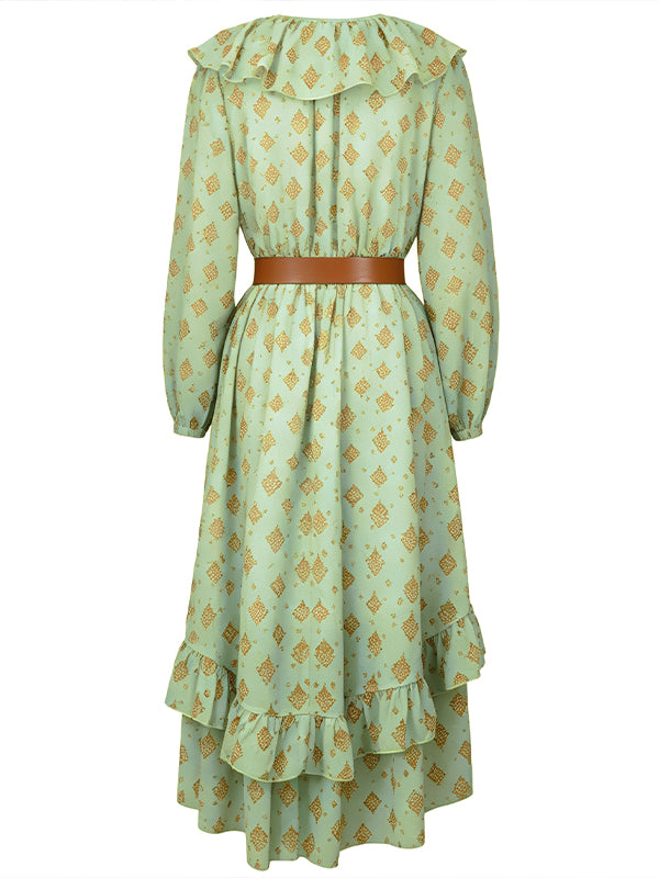 Printed V-Neck Ruffle Dress