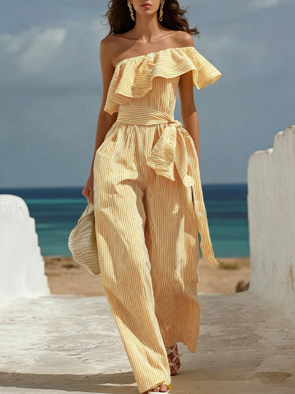 Stripe Ruffle One-Shoulder Tied Jumpsuit