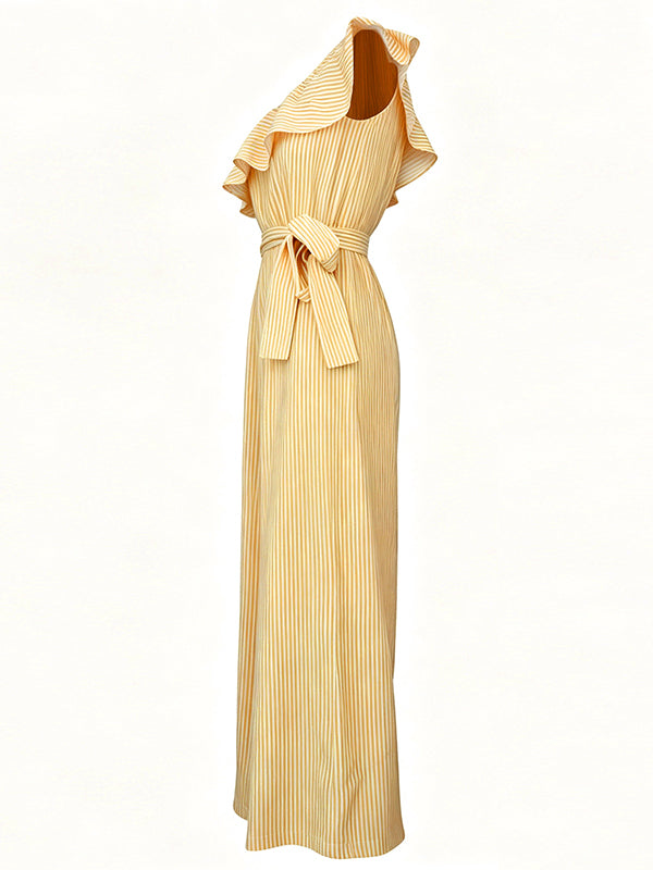Stripe Ruffle One-Shoulder Tied Jumpsuit