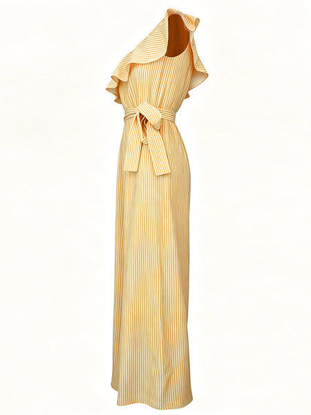 Stripe Ruffle One-Shoulder Tied Jumpsuit