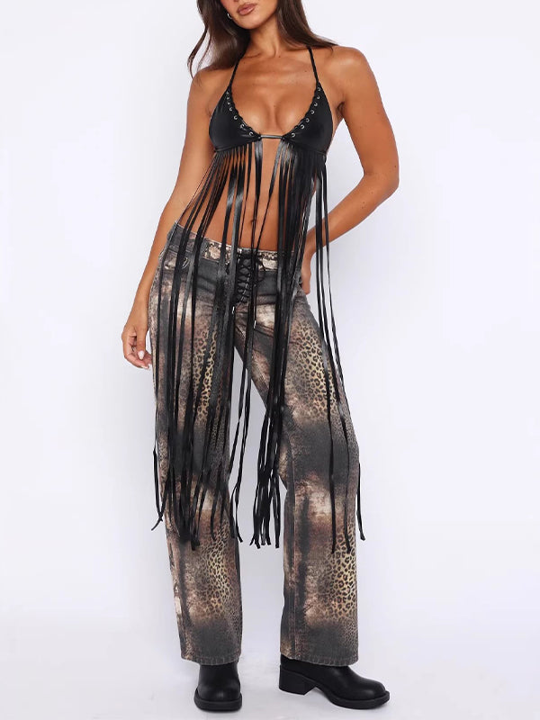 Faux-Leather Fringe Halter Top
