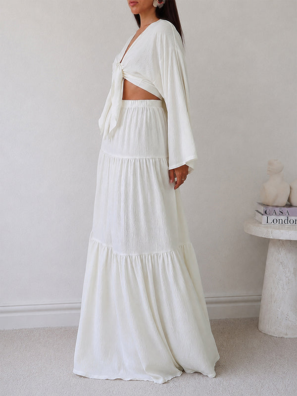 V-Neck Tied Top & Skirt Set