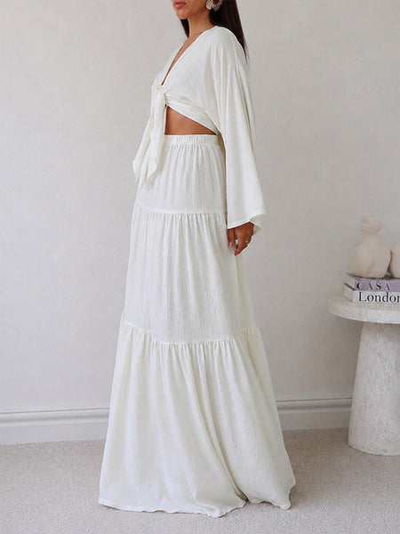 V-Neck Tied Top & Skirt Set