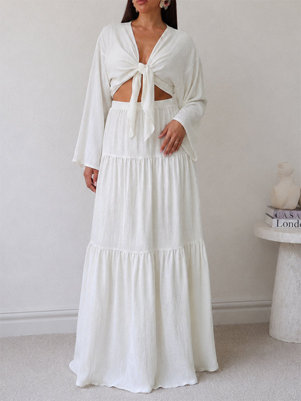 V-Neck Tied Top & Skirt Set