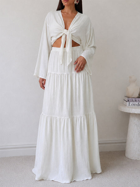 V-Neck Tied Top & Skirt Set