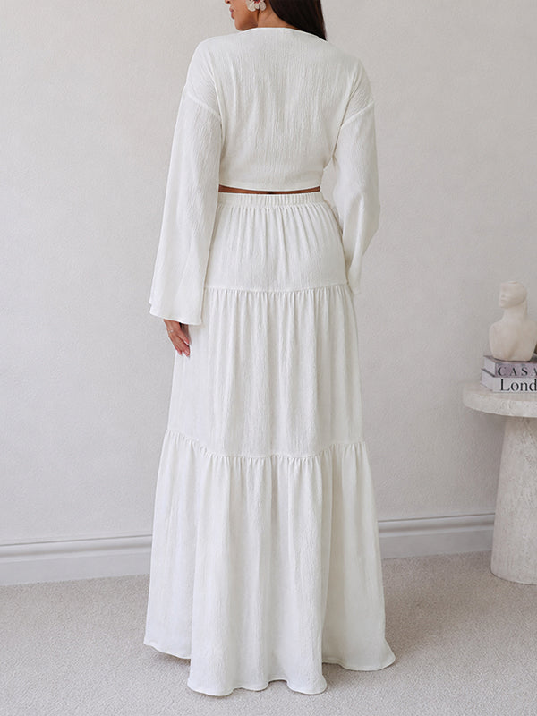 V-Neck Tied Top & Skirt Set