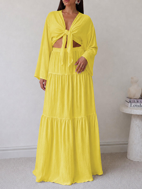 V-Neck Tied Top & Skirt Set