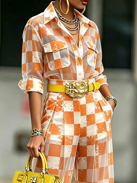 Plaid Shirt & Wide-Leg Pants Set