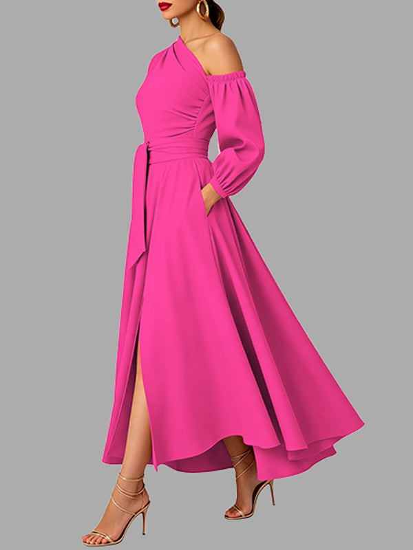 Solid Boat-Neck Tied Dress