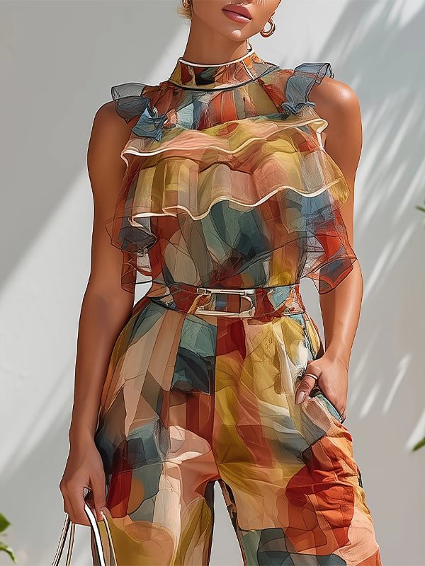 Printed Ruffle Tank Top & Pants Set