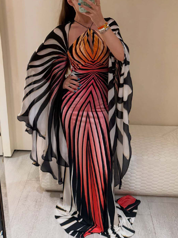 Printed Batwing-Sleeve Maxi Dress