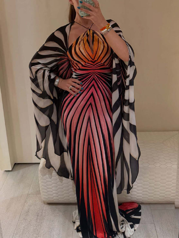 Printed Batwing-Sleeve Maxi Dress