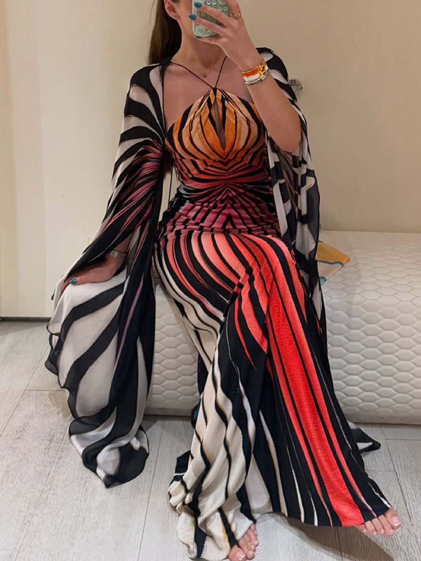 Printed Batwing-Sleeve Maxi Dress