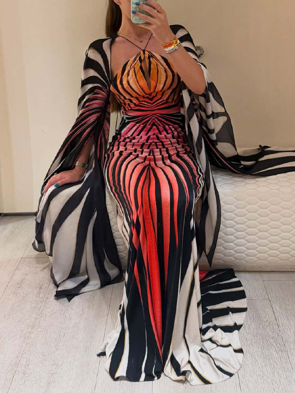 Printed Batwing-Sleeve Maxi Dress