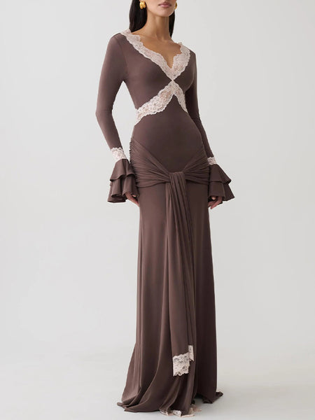 Lace-Combo V-Neck Maxi Dress