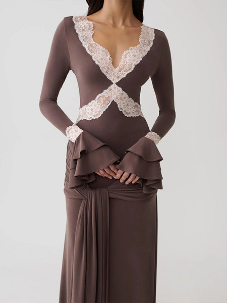 Lace-Combo V-Neck Maxi Dress