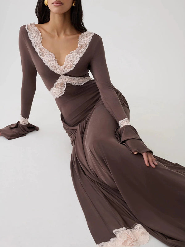 Lace-Combo V-Neck Maxi Dress