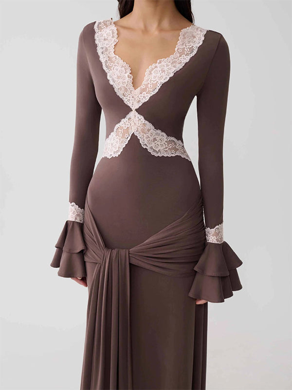 Lace-Combo V-Neck Maxi Dress