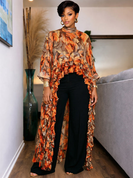 Floral Ruffle Cape Top