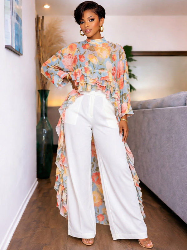 Floral Ruffle Cape Top