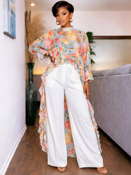Floral Ruffle Cape Top