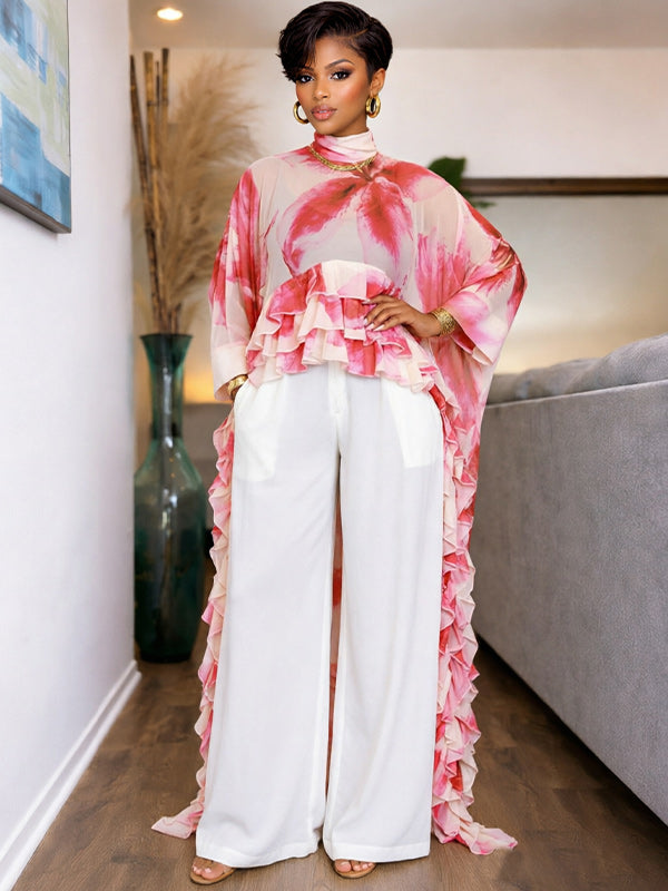Floral Ruffle Cape Top
