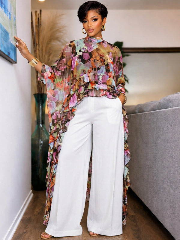 Floral Ruffle Cape Top