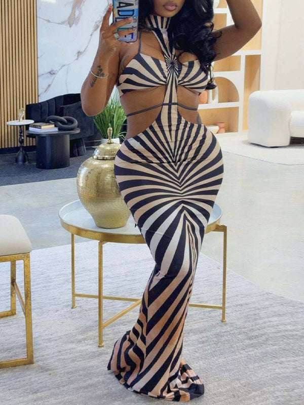 Printed Cutout Halter Maxi Dress