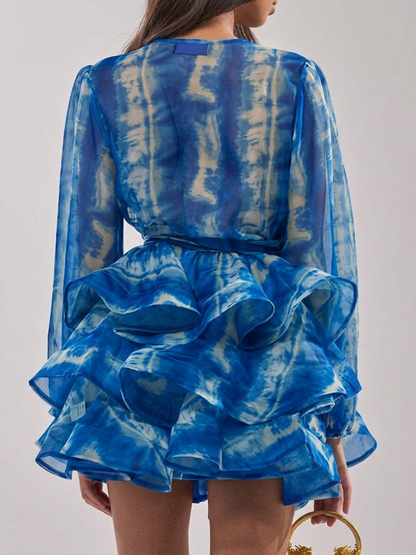 Printed V-Neck Tied Ruffle Dress