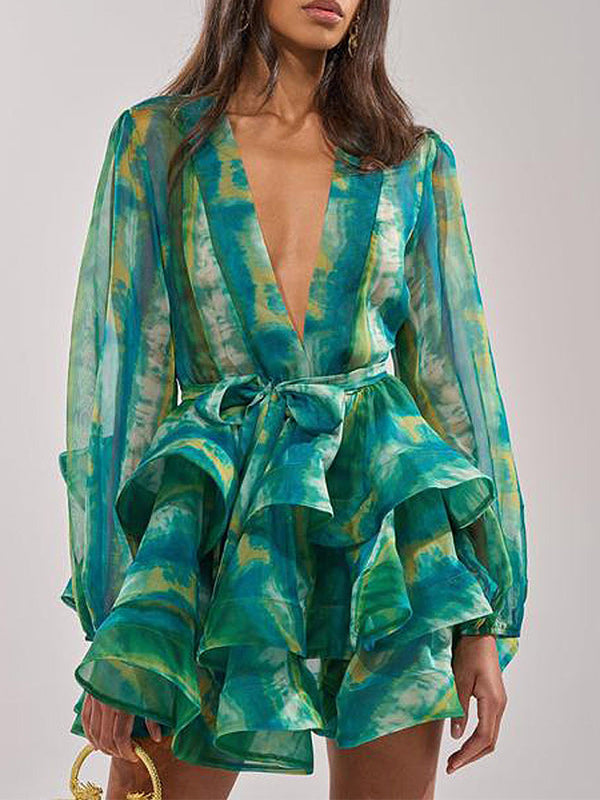 Printed V-Neck Tied Ruffle Dress