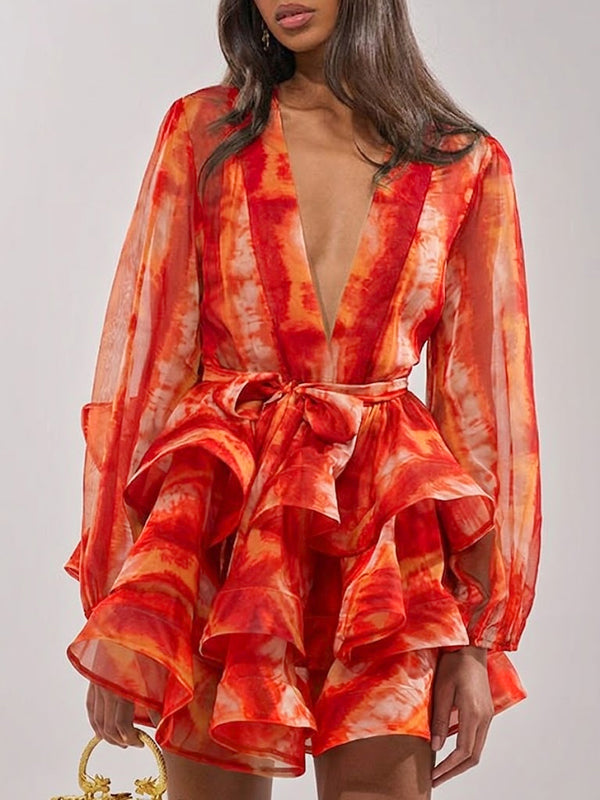 Printed V-Neck Tied Ruffle Dress