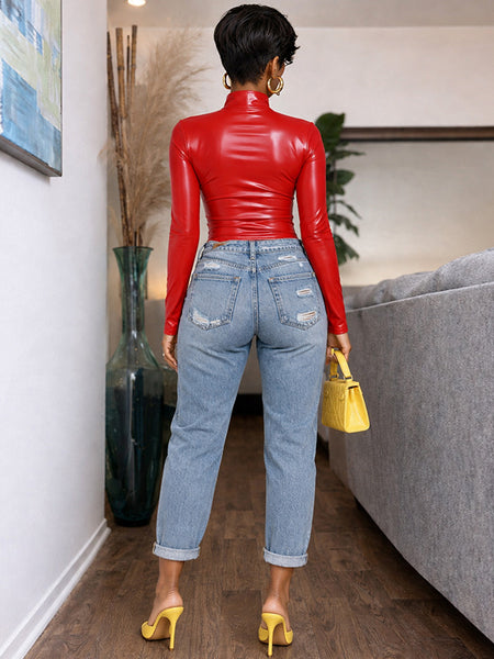 Letter-Print Faux-Leather Top