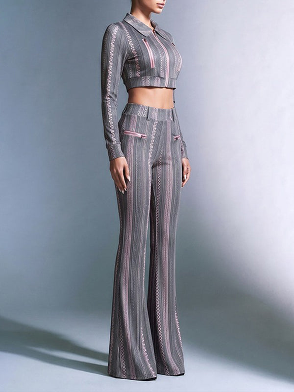 Stripe Zip-Front Jacket & Flared Pants Set