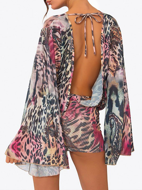 Printed Bell-Sleeve Open-Back Dress