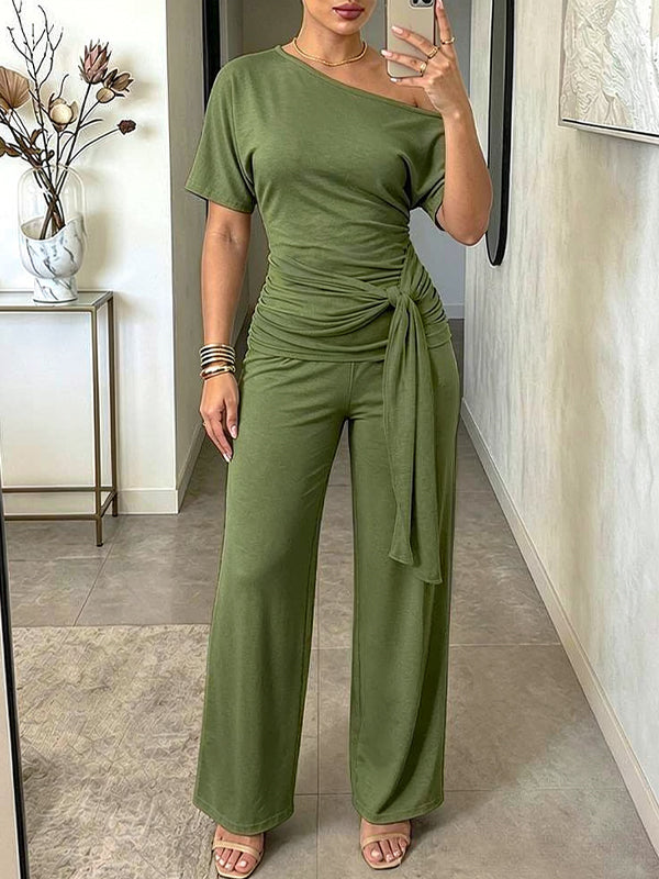 Boat-Neck Tied Top & Pants Set