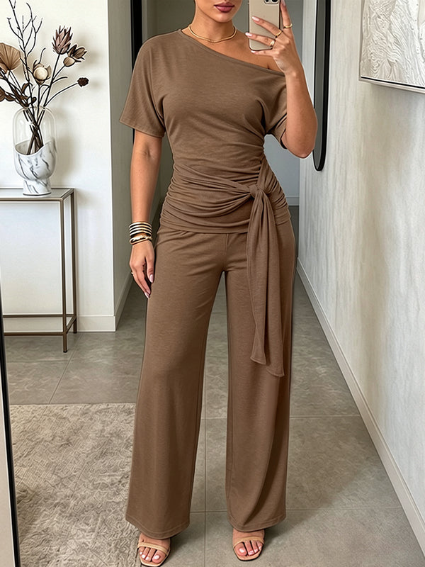 Boat-Neck Tied Top & Pants Set