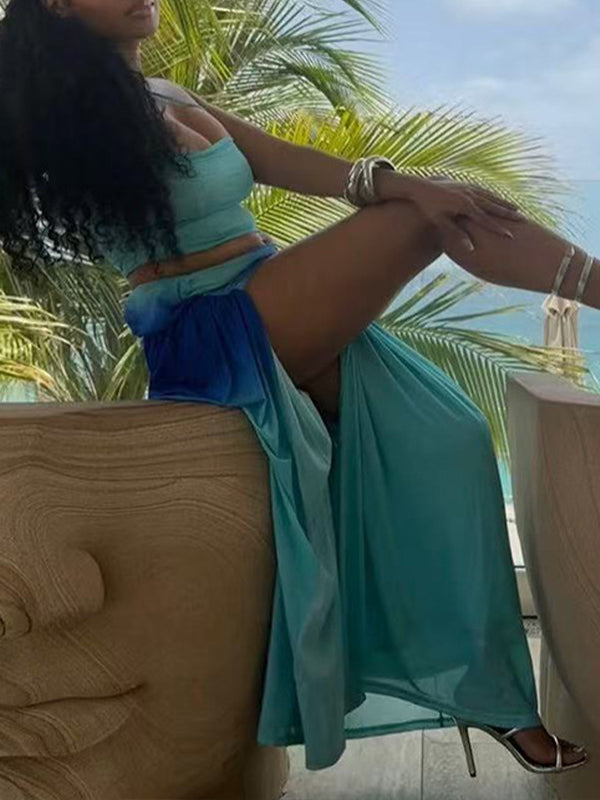 Ombre Cutout Top & Slit Skirt Set
