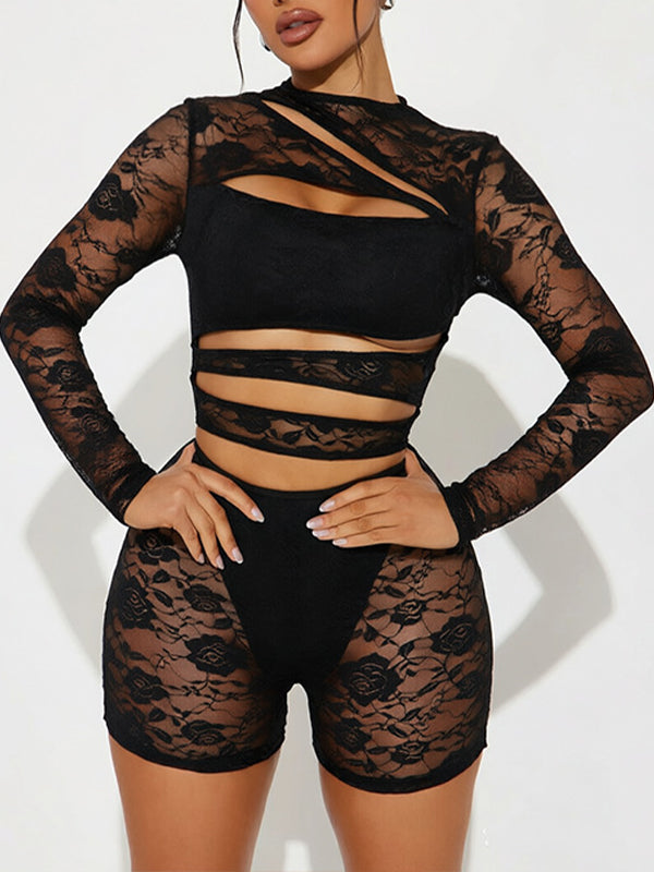 Solid Cutout Lace Romper
