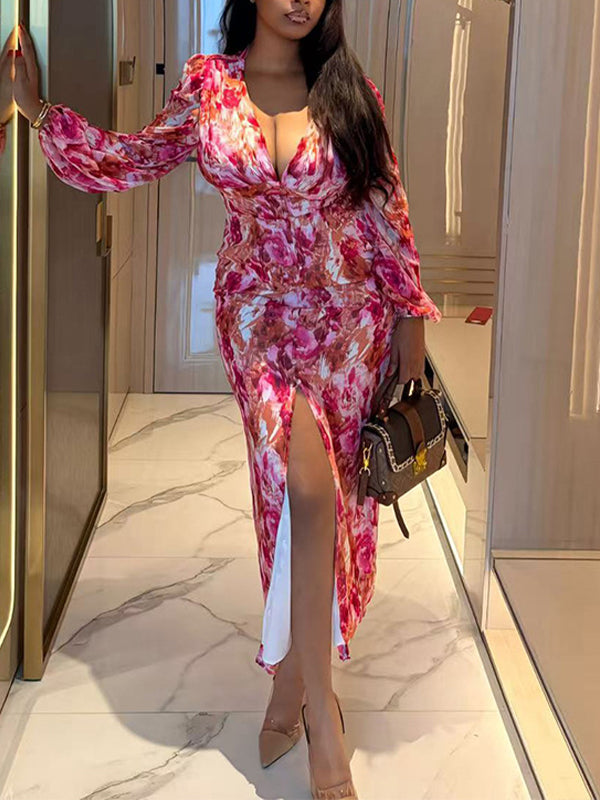 Printed V-Neck Slit Dress