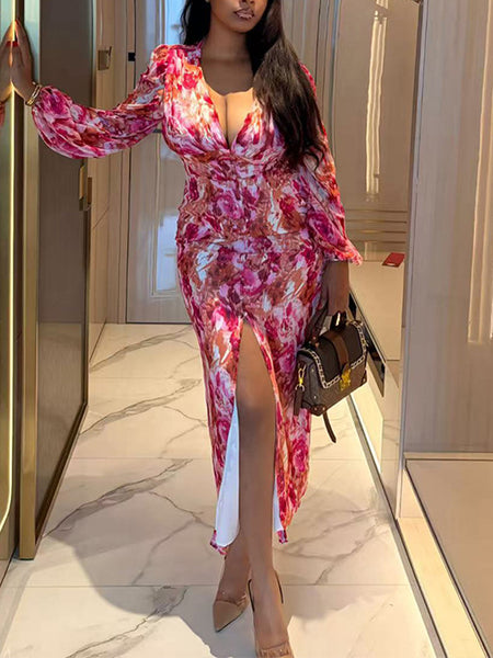 Printed V-Neck Slit Dress