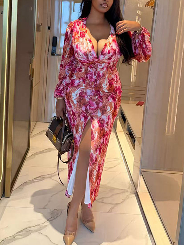 Printed V-Neck Slit Dress