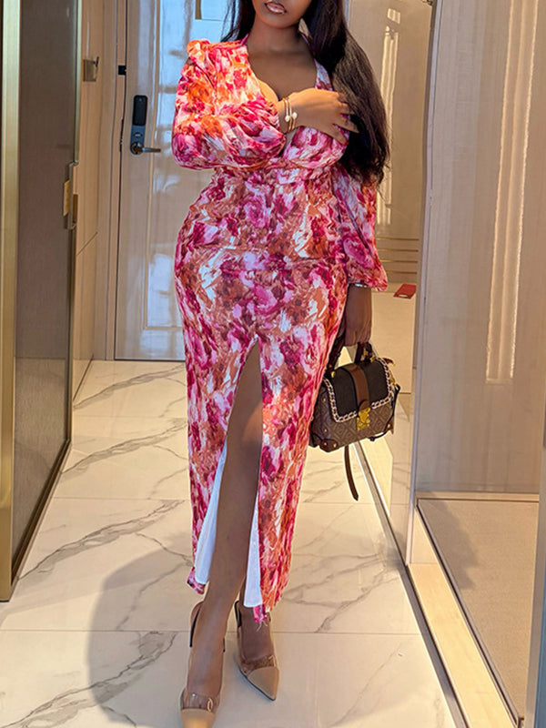 Printed V-Neck Slit Dress