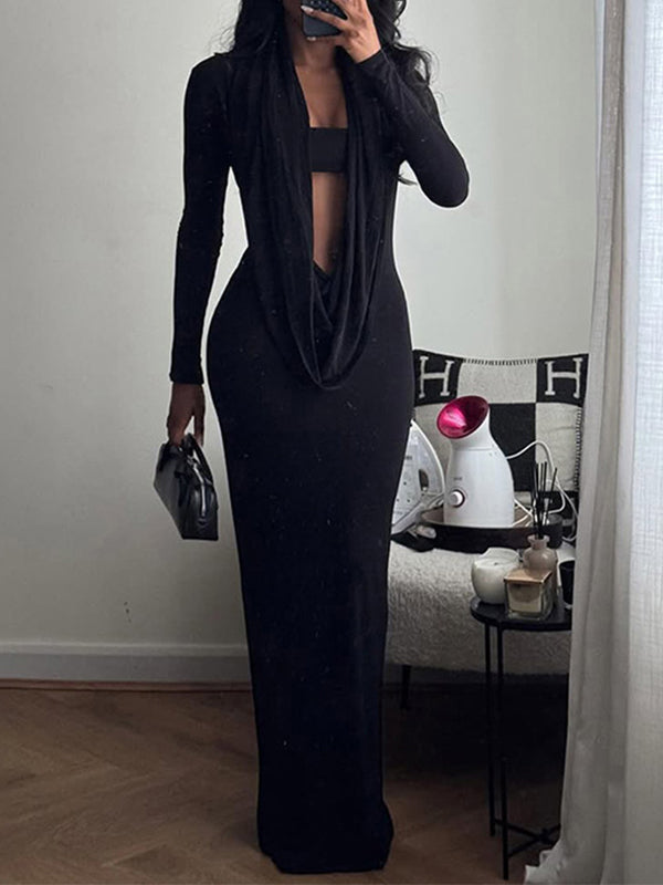 Solid Cowl-Neck Sheer Dress