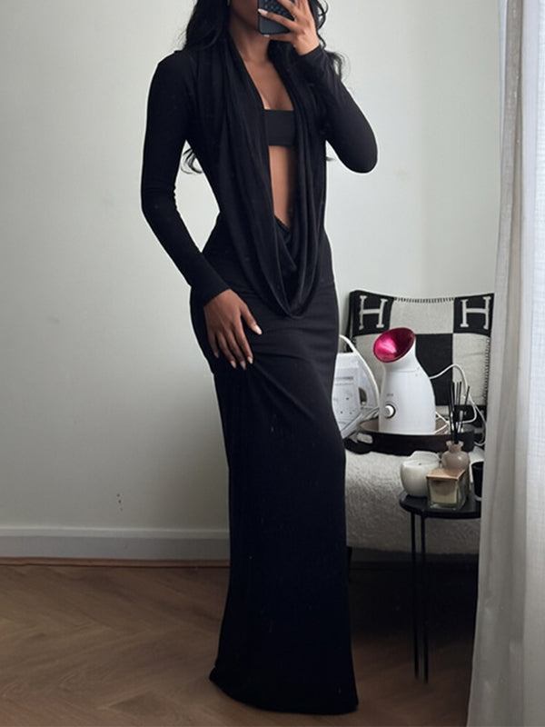 Solid Cowl-Neck Sheer Dress