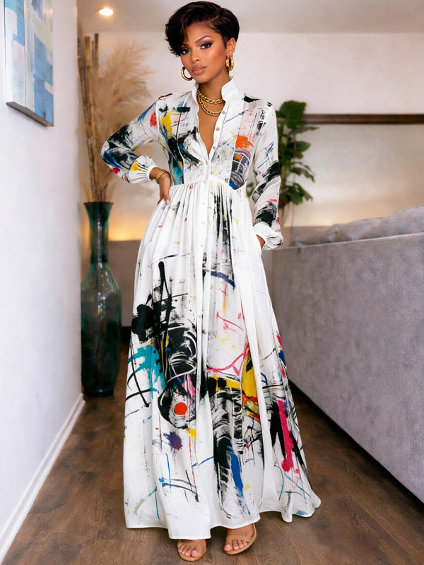 Printed Button-Front Maxi Dress