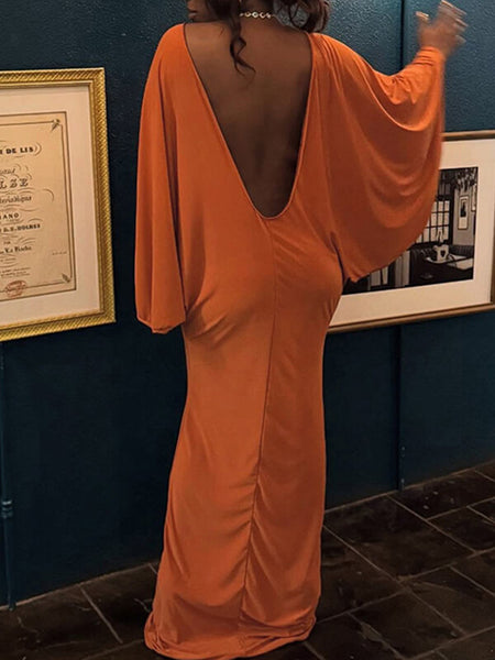 Batwing-Sleeve Open-Back Dress