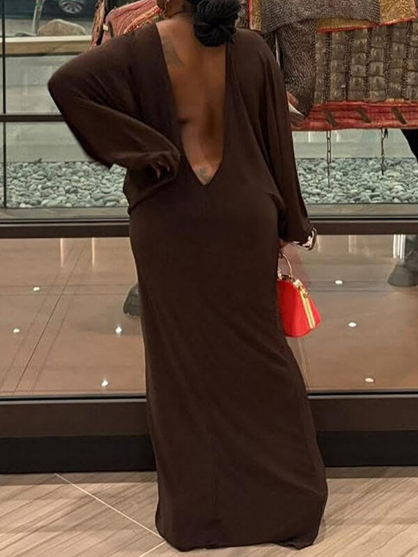 Batwing-Sleeve Open-Back Dress
