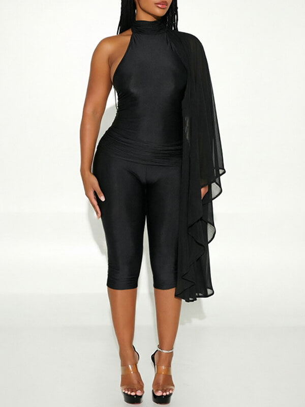 Solid Draped Capri Jumpsuit