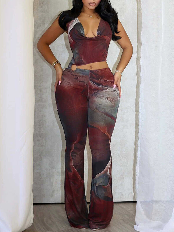 Printed Halter Cutout Jumpsuit